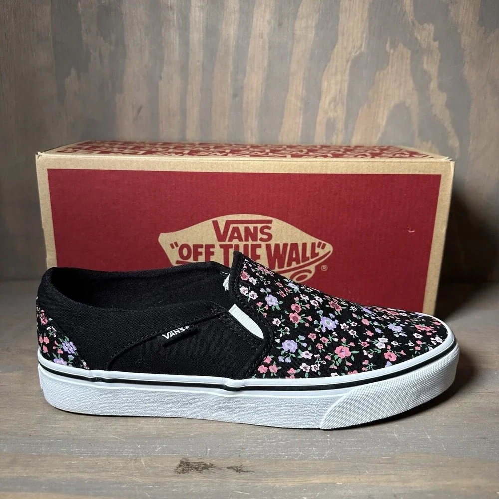 VANS Asher Ditsy Floral Black White Slip On Flowers Canvas Shoes Womens 9 NEW
